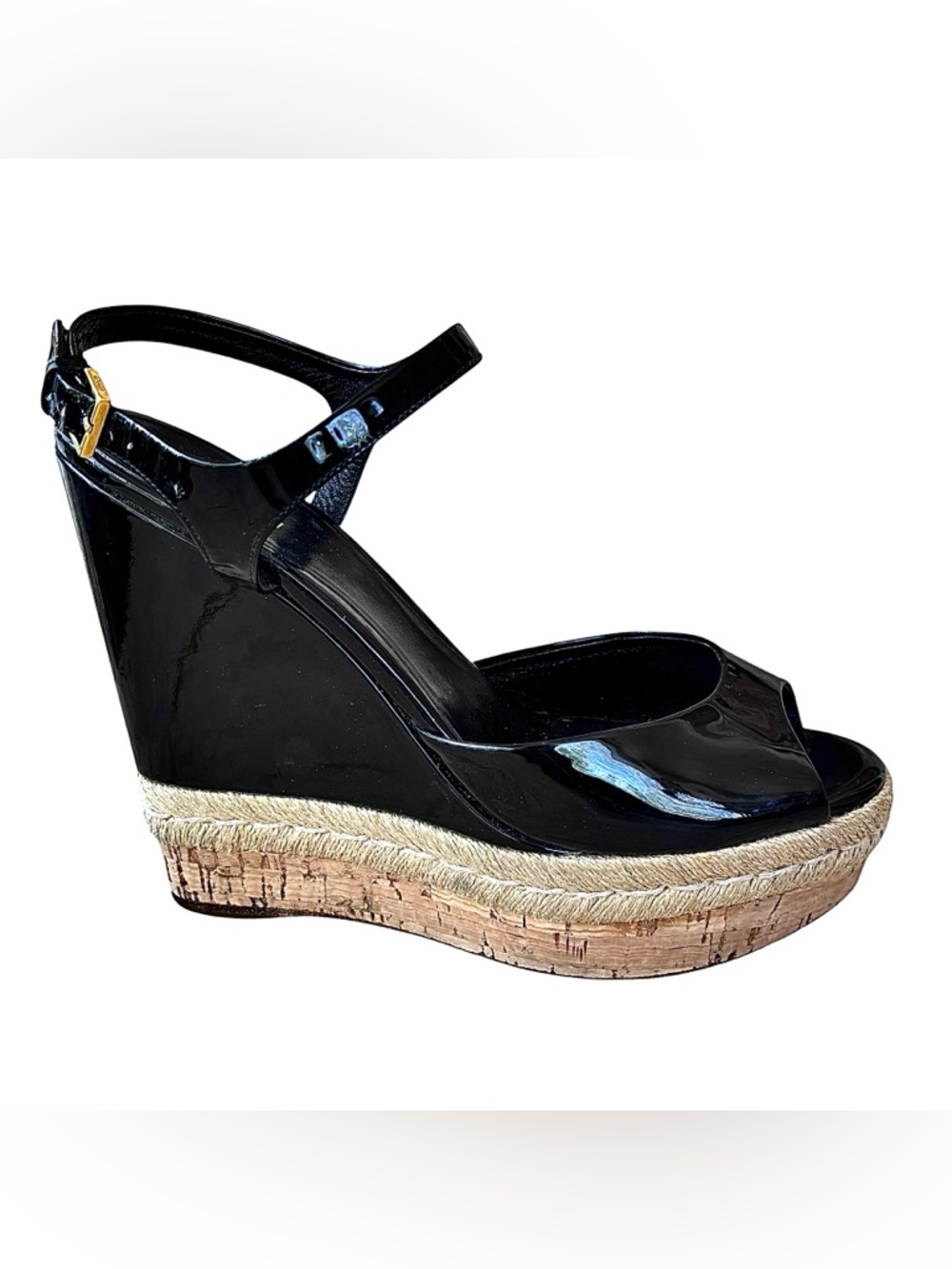 Gucci Black Patent Wedge Espadrille Sandals